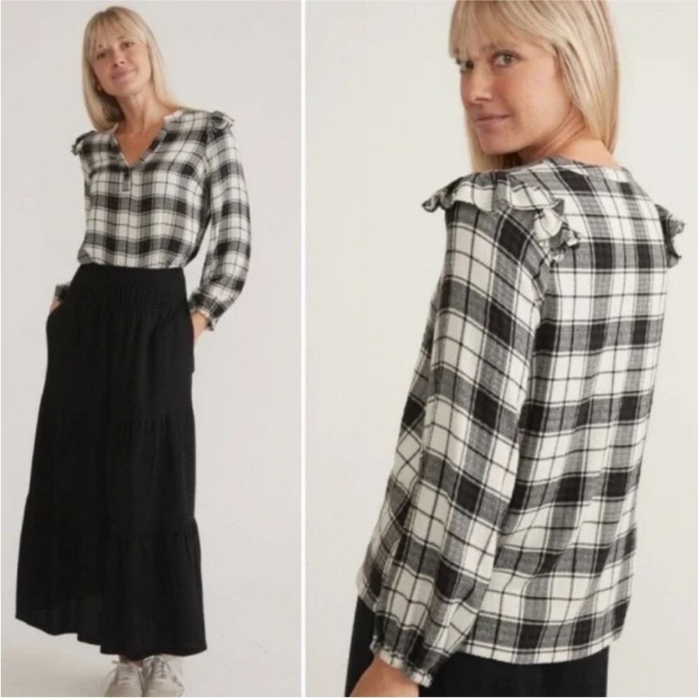 Marine Layer Jamie Gingham Ruffle Top XS black & white plaid gingham long sleeve - Picture 3 of 15